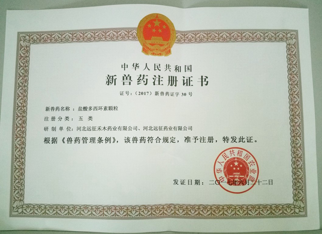 遠(yuǎn)征藥業(yè)喜獲“鹽酸多西環(huán)素顆?！毙芦F藥證書